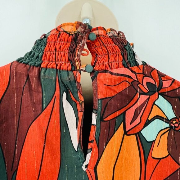 Forest Lily Mini Dress Size XS High Neck, Elastic Waist Fall Print Metallic - Picture 12 of 16